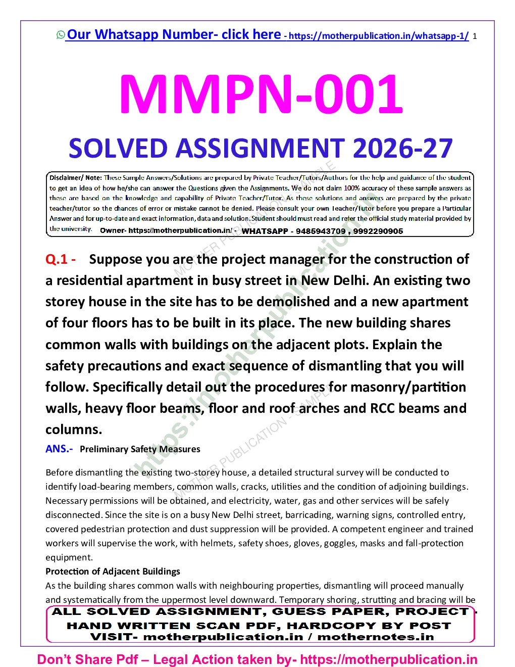 Create a professional square 1:1 WooCommerce product thumbnail for:  MMPN-001 Solved Assignment 2026-27 in English | MBA Construction Management  Use the established Mother Publication academic product design with a clean white background and professional dark navy blue, red and white colour palette.  Make these elements highly prominent:  MMPN-001 CONSTRUCTION MANAGEMENT 1 SOLVED ASSIGNMENT 2026-27 ENGLISH MEDIUM  Add smaller supporting text:  MBA CONSTRUCTION MANAGEMENT MBACN DIGITAL PDF • INSTANT DOWNLOAD  Use subtle professional construction-management visuals such as a construction site, building structure, project planning drawings, crane, engineer with safety helmet, CPM network, construction equipment and project scheduling elements.  Maintain a premium academic PDF-cover appearance with clean typography, strong visual hierarchy and generous spacing. Make MMPN-001, CONSTRUCTION MANAGEMENT 1 and 2026-27 extremely readable on mobile screens. Avoid overcrowding. Sample Page 2