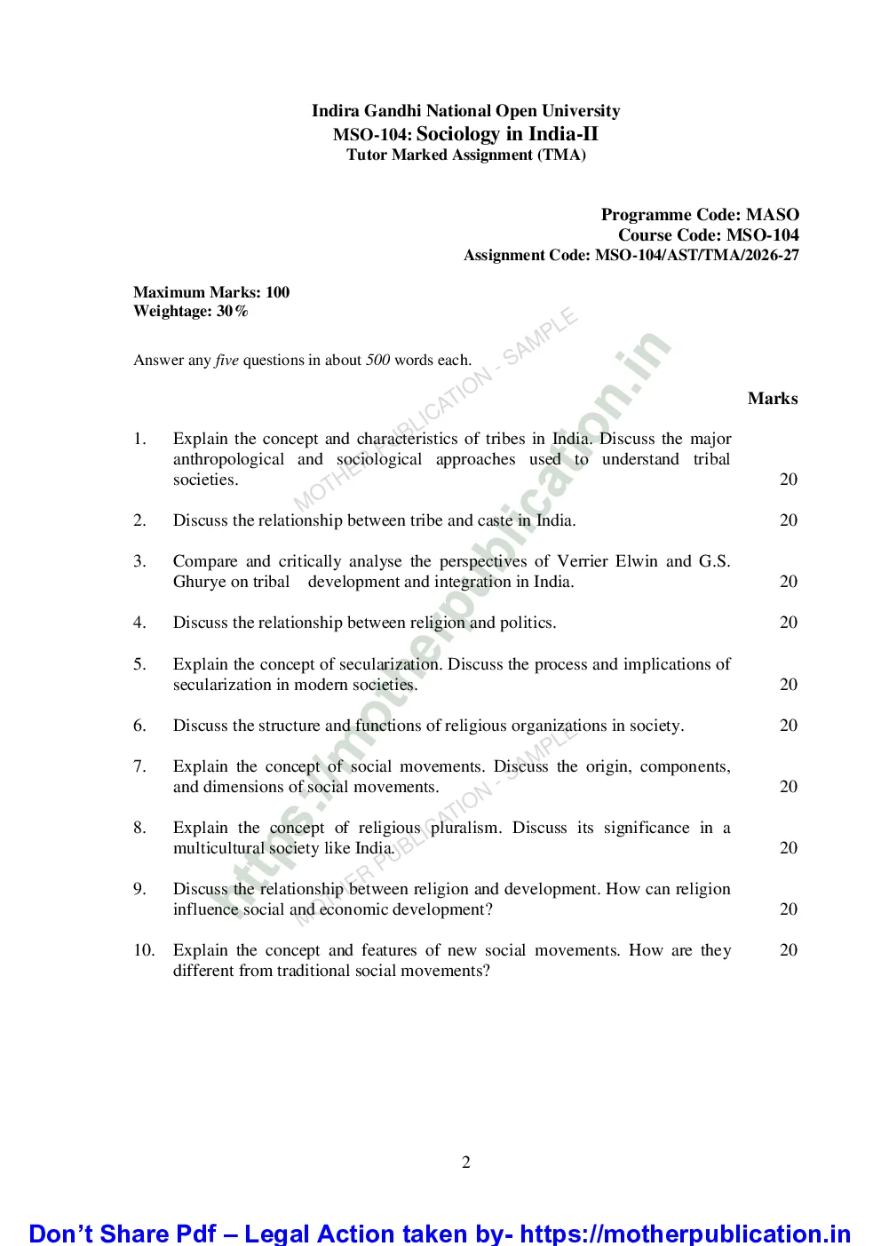 MSO-104 Solved Assignment 2026-27 in English | M.A. Sociology Sample Page 1
